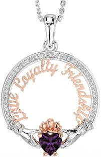 Diamond Alexandrite Rose Gold Silver Irish "Love, Loyalty, & Friendship" Claddagh Necklace