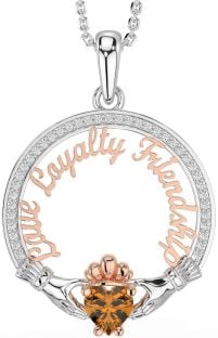 Diamond Citrine Rose Gold Silver Irish "Love, Loyalty, & Friendship" Claddagh Necklace