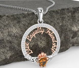 Diamond Citrine Rose Gold Silver Irish "Love, Loyalty, & Friendship" Claddagh Necklace