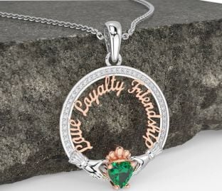 Diamond Emerald Rose Gold Silver Irish "Love, Loyalty, & Friendship" Claddagh Necklace