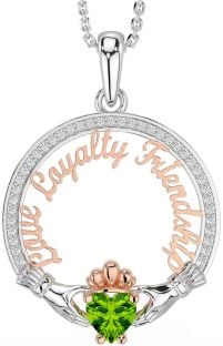 Diamond Peridot Rose Gold Silver Irish "Love, Loyalty, & Friendship" Claddagh Necklace