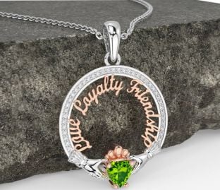 Diamond Peridot Rose Gold Silver Irish "Love, Loyalty, & Friendship" Claddagh Necklace