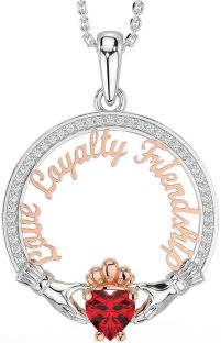 Diamond Ruby Rose Gold Silver Irish "Love, Loyalty, & Friendship" Claddagh Necklace