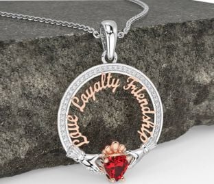 Diamond Ruby Rose Gold Silver Irish "Love, Loyalty, & Friendship" Claddagh Necklace
