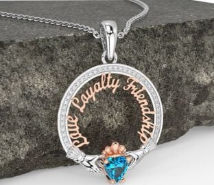 Diamond Topaz Rose Gold Silver Irish "Love, Loyalty, & Friendship" Claddagh Necklace