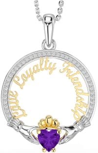 Diamond Amethyst Gold Silver Irish "Love, Loyalty, & Friendship" Claddagh Necklace