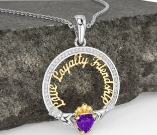 Diamond Amethyst Gold Silver Irish "Love, Loyalty, & Friendship" Claddagh Necklace