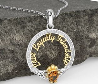 Diamond Citrine Gold Silver Irish "Love, Loyalty, & Friendship" Claddagh Necklace