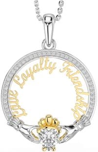 Diamond Gold Silver Irish "Love, Loyalty, & Friendship" Claddagh Necklace
