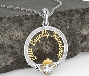 Diamond Gold Silver Irish "Love, Loyalty, & Friendship" Claddagh Necklace