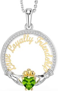Diamond Peridot Gold Silver Irish "Love, Loyalty, & Friendship" Claddagh Necklace