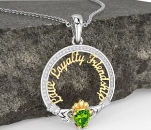 Diamond Peridot Gold Silver Irish "Love, Loyalty, & Friendship" Claddagh Necklace