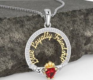 Diamond Ruby Gold Silver Irish "Love, Loyalty, & Friendship" Claddagh Necklace