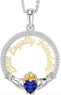 Diamond Sapphire Gold Silver Irish "Love, Loyalty, & Friendship" Claddagh Necklace