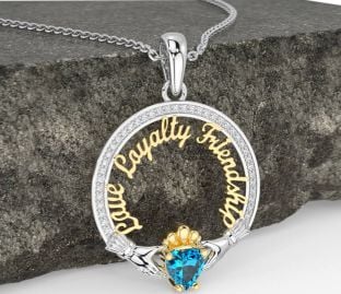 Diamond Topaz Gold Silver Irish "Love, Loyalty, & Friendship" Claddagh Necklace