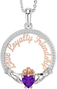 Diamond Amethyst White Rose Gold Irish "Love, Loyalty, & Friendship" Claddagh Necklace