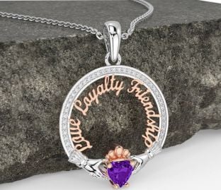 Diamond Amethyst White Rose Gold Irish "Love, Loyalty, & Friendship" Claddagh Necklace