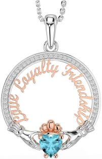 Diamond Aquamarine White Rose Gold Irish "Love, Loyalty, & Friendship" Claddagh Necklace