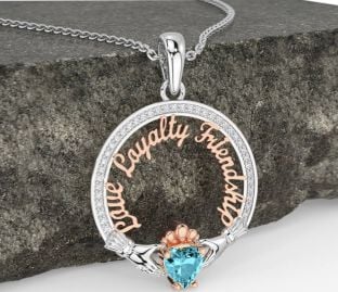 Diamond Aquamarine White Rose Gold Irish "Love, Loyalty, & Friendship" Claddagh Necklace