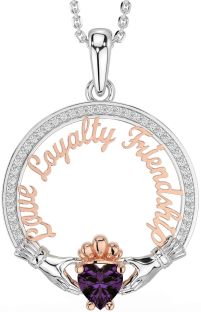 Diamond Alexandrite White Rose Gold Irish "Love, Loyalty, & Friendship" Claddagh Necklace