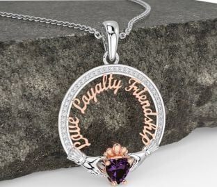 Diamond Alexandrite White Rose Gold Irish "Love, Loyalty, & Friendship" Claddagh Necklace