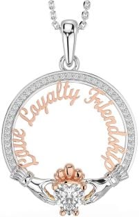 Diamond White Rose Gold Irish "Love, Loyalty, & Friendship" Claddagh Necklace