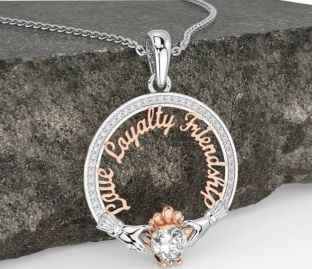 Diamond White Rose Gold Irish "Love, Loyalty, & Friendship" Claddagh Necklace