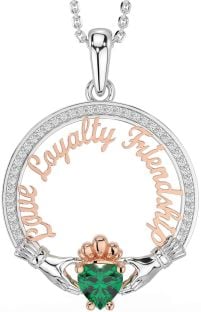 Diamond Emerald White Rose Gold Irish "Love, Loyalty, & Friendship" Claddagh Necklace