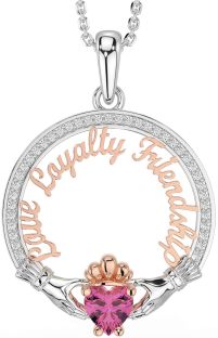 Diamond Pink Tourmaline White Rose Gold Irish "Love, Loyalty, & Friendship" Claddagh Necklace