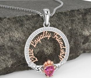 Diamond Pink Tourmaline White Rose Gold Irish "Love, Loyalty, & Friendship" Claddagh Necklace
