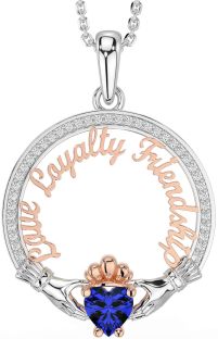 Diamond Sapphire White Rose Gold Irish "Love, Loyalty, & Friendship" Claddagh Necklace