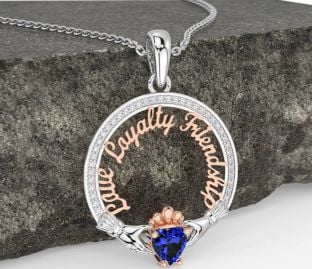 Diamond Sapphire White Rose Gold Irish "Love, Loyalty, & Friendship" Claddagh Necklace