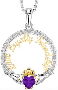 Diamond Amethyst White Yellow Gold Irish "Love, Loyalty, & Friendship" Claddagh Necklace