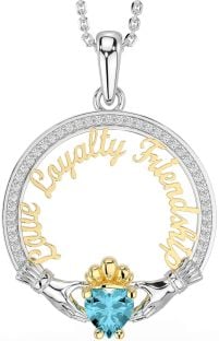 Diamond Aquamarine White Yellow Gold Irish "Love, Loyalty, & Friendship" Claddagh Necklace