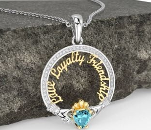 Diamond Aquamarine White Yellow Gold Irish "Love, Loyalty, & Friendship" Claddagh Necklace