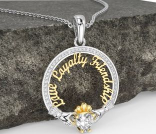 Diamond White Yellow Gold Irish "Love, Loyalty, & Friendship" Claddagh Necklace