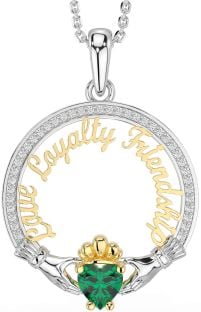 Diamond Emerald White Yellow Gold Irish "Love, Loyalty, & Friendship" Claddagh Necklace
