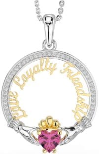 Diamond Pink Tourmaline White Yellow Gold Irish "Love, Loyalty, & Friendship" Claddagh Necklace