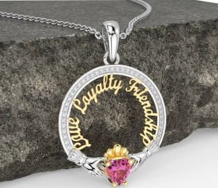 Diamond Pink Tourmaline White Yellow Gold Irish "Love, Loyalty, & Friendship" Claddagh Necklace