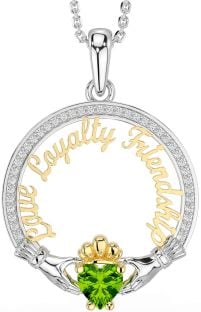Diamond Peridot White Yellow Gold Irish "Love, Loyalty, & Friendship" Claddagh Necklace