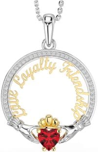 Diamond Ruby White Yellow Gold Irish "Love, Loyalty, & Friendship" Claddagh Necklace
