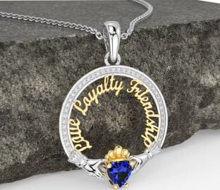 Diamond Sapphire White Yellow Gold Irish "Love, Loyalty, & Friendship" Claddagh Necklace
