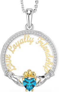 Diamond Topaz White Yellow Gold Irish "Love, Loyalty, & Friendship" Claddagh Necklace