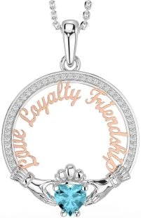 Diamond Aquamarine Rose Gold Silver Irish "Love, Loyalty, & Friendship" Claddagh Necklace