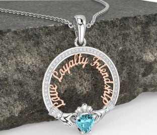 Diamond Aquamarine Rose Gold Silver Irish "Love, Loyalty, & Friendship" Claddagh Necklace