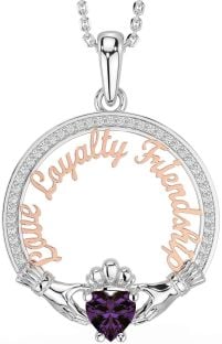 Diamond Alexandrite Rose Gold Silver Irish "Love, Loyalty, & Friendship" Claddagh Necklace