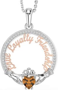 Diamond Citrine Rose Gold Silver Irish "Love, Loyalty, & Friendship" Claddagh Necklace