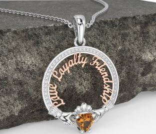 Diamond Citrine Rose Gold Silver Irish "Love, Loyalty, & Friendship" Claddagh Necklace