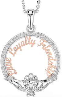 Diamond Rose Gold Silver Irish "Love, Loyalty, & Friendship" Claddagh Necklace