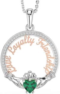 Diamond Emerald Rose Gold Silver Irish "Love, Loyalty, & Friendship" Claddagh Necklace